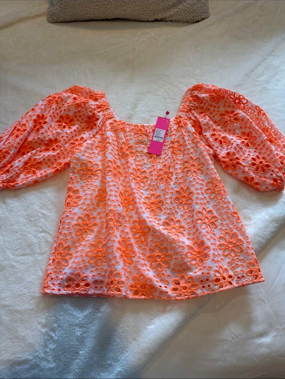 Lilly Pulitzer Orange Floral Eyelet Puff-Sleeve Women's Top